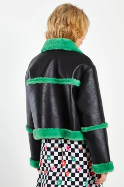 Glamorous Coats|Black Green Cropped Shearling Trim Coat -