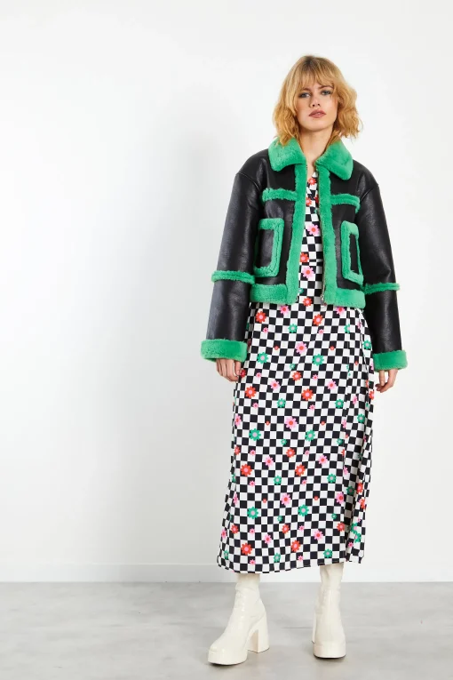 Glamorous Coats|Black Green Cropped Shearling Trim Coat -