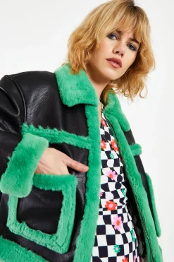 Glamorous Coats|Black Green Cropped Shearling Trim Coat -