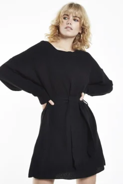Glamorous Knitted Dresses|Knitted Dresses|Black Knitted Mini Dress with Tie Belt -