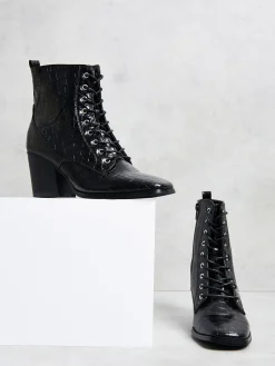 Glamorous Boots|Heels|Black Lace Up Chunky Heel boots -