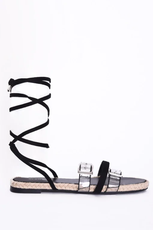 Glamorous Chic Escapes|Sandals|Black Lace Up Clear Buckle Strap Sandals -