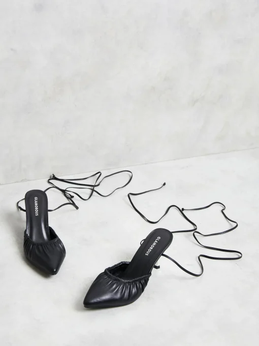 Glamorous Best Dressed Guest|Go To Partywear|Black Lace Up Faux Leather Kitten Heels -