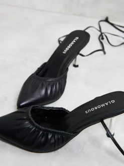 Glamorous Best Dressed Guest|Go To Partywear|Black Lace Up Faux Leather Kitten Heels -