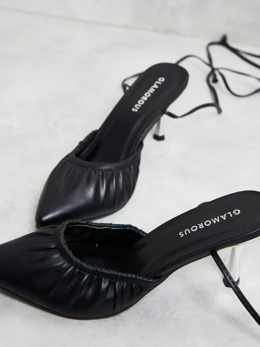 Glamorous Best Dressed Guest|Go To Partywear|Black Lace Up Faux Leather Kitten Heels -