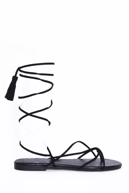Glamorous Chic Escapes|Sandals|Black Lace Up Tassel Sandal -