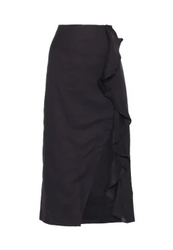 Glamorous Midi & Midaxi Skirts|Black Linen Look Midi Skirt with Front Side Split and Ruffle -
