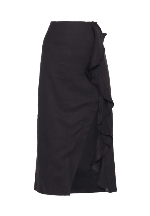Glamorous Midi & Midaxi Skirts|Black Linen Look Midi Skirt with Front Side Split and Ruffle -