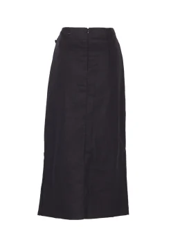 Glamorous Midi & Midaxi Skirts|Black Linen Look Midi Skirt with Front Side Split and Ruffle -