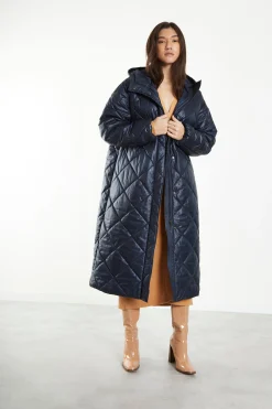 Glamorous Longline Coats|Puffer Jackets|Black Longline Puffer Coat with Hood -