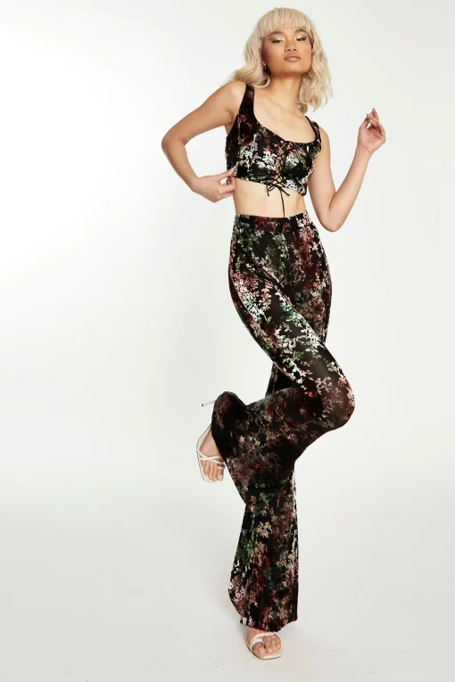 Glamorous Go To Partywear|Co-ords|Black Multi Devore Flared Trousers -