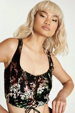 Glamorous Going Out Tops|Go To Partywear|Black Multi Devore Lace-up Corset Crop Top -
