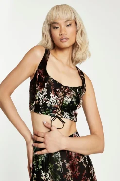 Glamorous Going Out Tops|Go To Partywear|Black Multi Devore Lace-up Corset Crop Top -