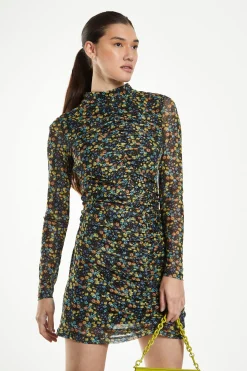 Glamorous Go To Partywear|Mini Dresses|Black Multi Floral Mesh Long Sleeved Ruched Mini Dress -