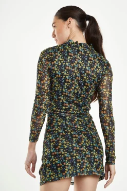 Glamorous Go To Partywear|Mini Dresses|Black Multi Floral Mesh Long Sleeved Ruched Mini Dress -