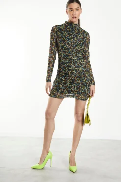 Glamorous Go To Partywear|Mini Dresses|Black Multi Floral Mesh Long Sleeved Ruched Mini Dress -