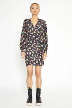 Glamorous Workwear|Day Dresses|Black Multi Rose Mini Wrap Dress -