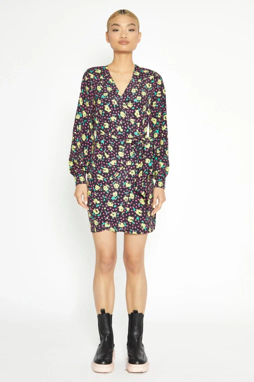Glamorous Workwear|Day Dresses|Black Multi Rose Mini Wrap Dress -