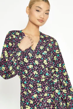 Glamorous Workwear|Day Dresses|Black Multi Rose Mini Wrap Dress -
