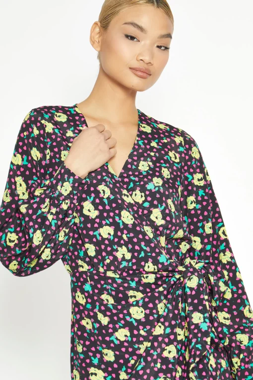 Glamorous Workwear|Day Dresses|Black Multi Rose Mini Wrap Dress -