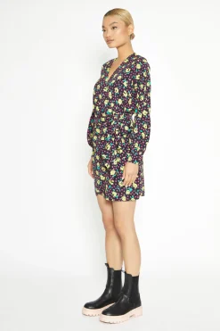 Glamorous Workwear|Day Dresses|Black Multi Rose Mini Wrap Dress -