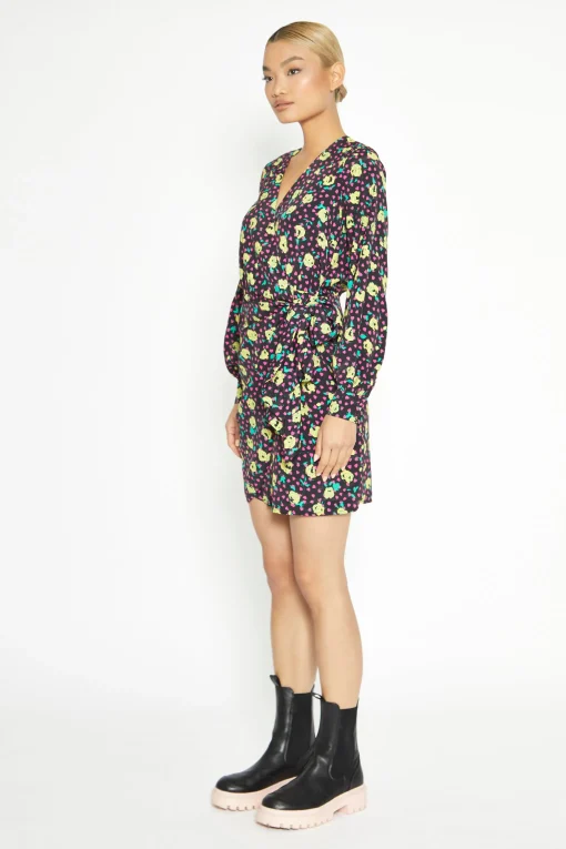 Glamorous Workwear|Day Dresses|Black Multi Rose Mini Wrap Dress -