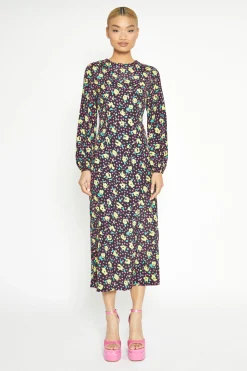 Glamorous Workwear|Day Dresses|Black Multi Rose Long Sleeve Midi Dress -