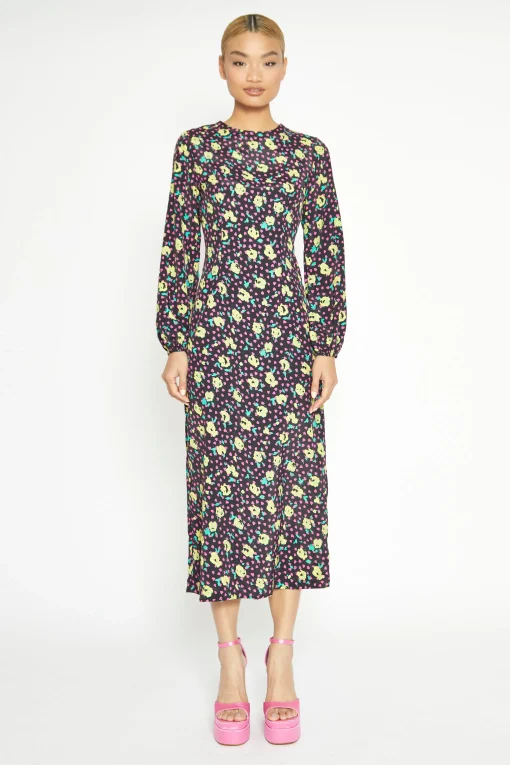 Glamorous Workwear|Day Dresses|Black Multi Rose Long Sleeve Midi Dress -