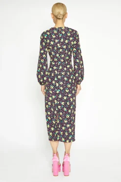 Glamorous Workwear|Day Dresses|Black Multi Rose Long Sleeve Midi Dress -