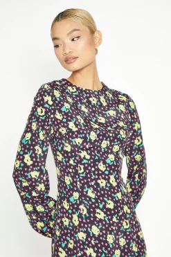 Glamorous Workwear|Day Dresses|Black Multi Rose Long Sleeve Midi Dress -