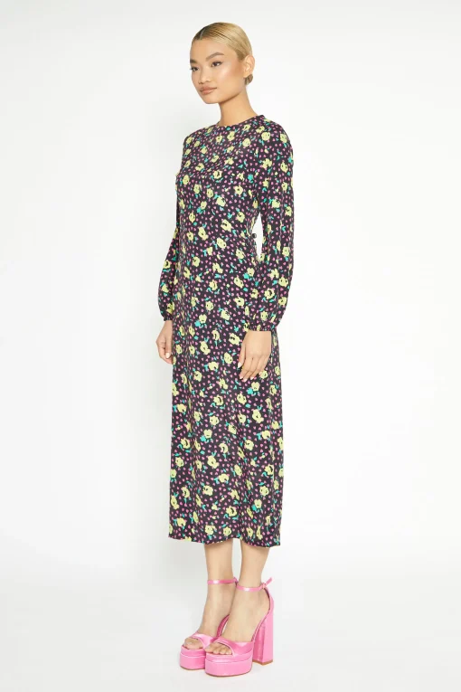 Glamorous Workwear|Day Dresses|Black Multi Rose Long Sleeve Midi Dress -