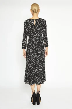 Glamorous Workwear|Day Dresses|Black Multi Rose Long Sleeve Midi Dress -