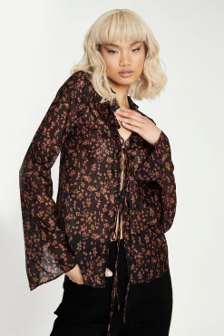 Glamorous Go To Partywear|Blouses & Shirts|Black Orange Floral Tie Front Blouse -