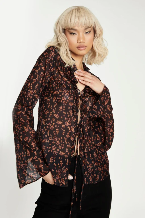 Glamorous Go To Partywear|Blouses & Shirts|Black Orange Floral Tie Front Blouse -