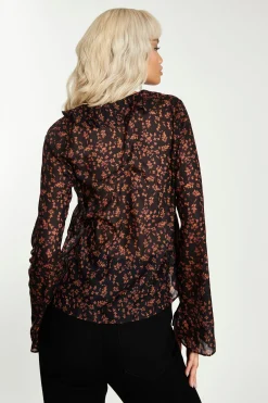 Glamorous Go To Partywear|Blouses & Shirts|Black Orange Floral Tie Front Blouse -