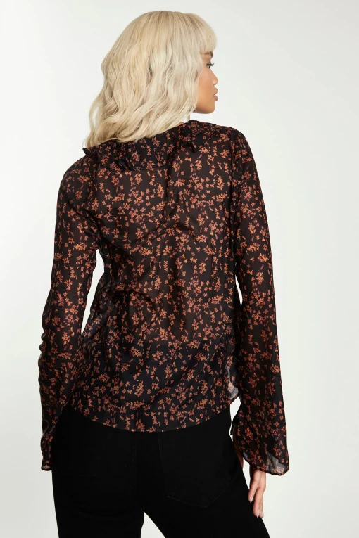 Glamorous Go To Partywear|Blouses & Shirts|Black Orange Floral Tie Front Blouse -