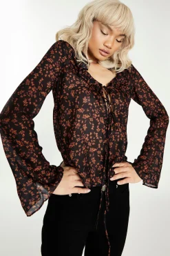 Glamorous Go To Partywear|Blouses & Shirts|Black Orange Floral Tie Front Blouse -