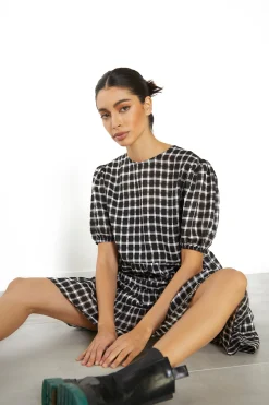 Glamorous Mini Dresses|Mini Dresses|Black Organza Check Shift Mini Dress -