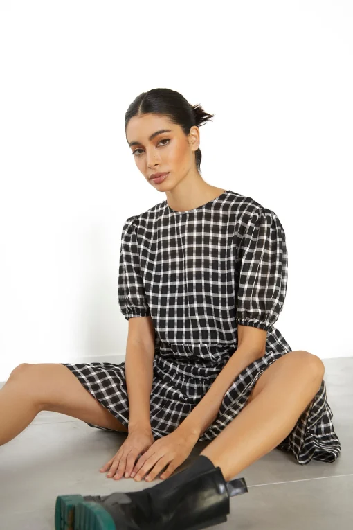 Glamorous Mini Dresses|Mini Dresses|Black Organza Check Shift Mini Dress -