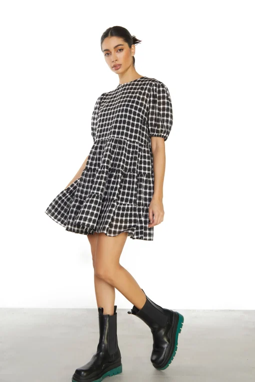 Glamorous Mini Dresses|Mini Dresses|Black Organza Check Shift Mini Dress -
