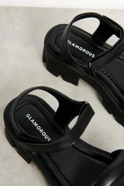 Glamorous Jet Setter|Chic Escapes|Black Outdoor Chunky Sandals -