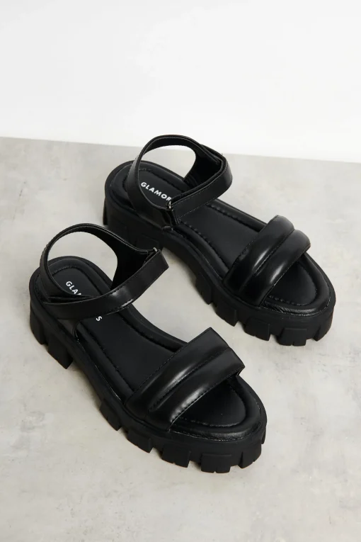 Glamorous Jet Setter|Chic Escapes|Black Outdoor Chunky Sandals -