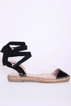 Glamorous Chic Escapes|Black Patent Clear Lace Up Espadrilles -