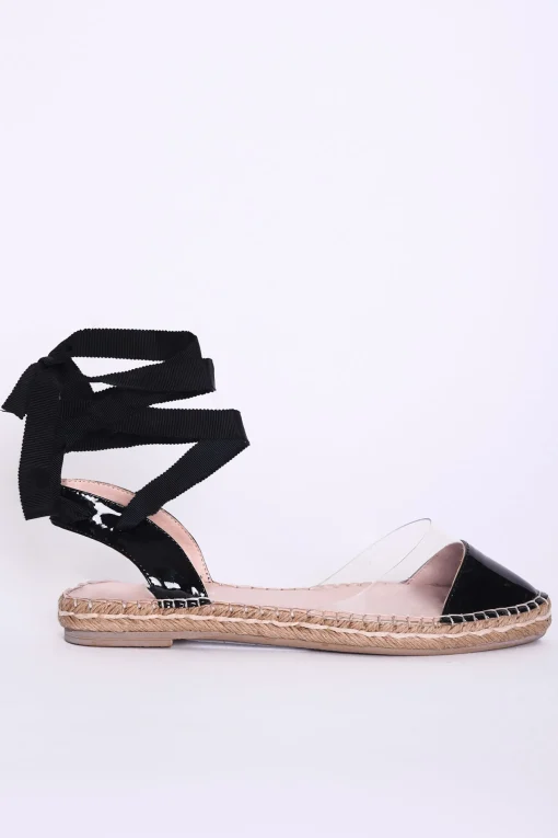 Glamorous Chic Escapes|Black Patent Clear Lace Up Espadrilles -