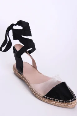 Glamorous Chic Escapes|Black Patent Clear Lace Up Espadrilles -