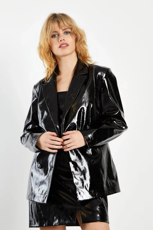 Glamorous Go To Partywear|Blazers|Black Patent PU Oversized Double Breasted Blazer -