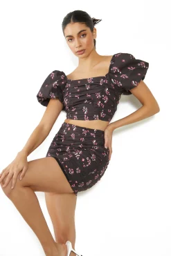 Glamorous Going Out Skirts|Mini Skirts|Black Pink Motif Ruched Mini Skirt -