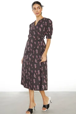 Glamorous Wrap Dressses|Midi & Midaxi Dresses|Black Pink Motif Wrap Midi Dress -