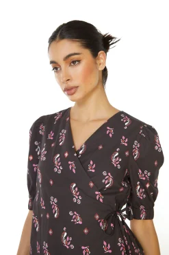 Glamorous Wrap Dressses|Midi & Midaxi Dresses|Black Pink Motif Wrap Midi Dress -