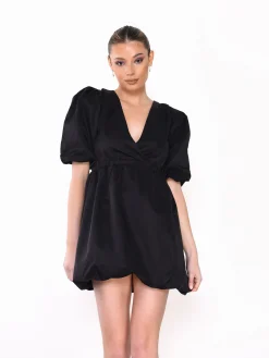 Glamorous Go To Partywear|Mini Dresses|Black Plunge Puffball Mini Dress -